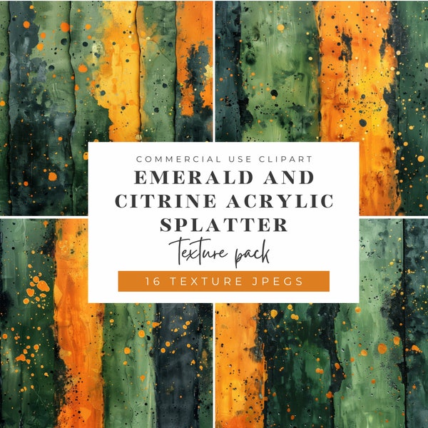 Emerald and Citrine Acrylic Splatter Texture Pack - Abstract Artistic Digital Papers, Vibrant Craft Backgrounds, 16 Unique High-Res JPEGs