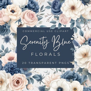 Serenity Blue Florals Clipart - Romantische stoffige blauwe boeketten, chique bruiloft PNGs, Craft & Decor Design Elements