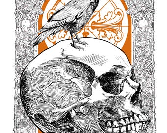 Skull Raven Illustration Gothic Halloween Art Print (Digital Download)
