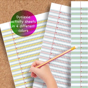 Carta per la disgrafia, esercizi di scrittura a mano per dislessia e disgrafia, fogli di lavoro a righe primarie a colori, fogli di lavoro per la dislessia, carta a righe larghe in PDF