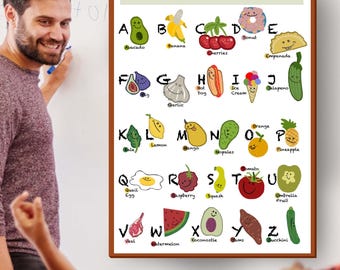 Food Alphabet Poster Printable, A-Z Fruits and Vegetables Chart, Montessori Playroom Wall Art, Digital ABC Chart Decor, Nursery Print