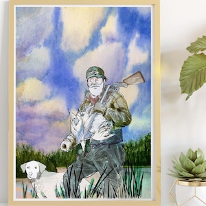 Watercolor Duck Hunting Scene Print: Hunter and Loyal Dog (Digital Download)