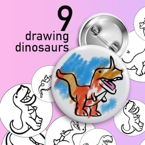 9 Dinosaur Coloring Badge Templates 58mm 44mm - Printable Kids Party Activity - DIY Button Pin Designs for Vevor Machine - Instant Download