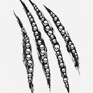 May include: A black graphic design featuring four vertical claw marks or slash patterns. Each individual slash is filled with a repeating pattern of small white human skulls, creating a stark contrast against the solid black shapes.
