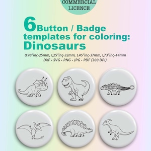 Dinosaur Coloring Badge Templates for Button Maker, 25, 32, 37, 44 mm, DIY Kids Party Favor, Dino Pin Button Design Digital Download