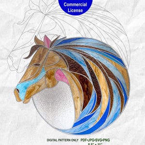 May include: A stained glass horse head design with a brown, blue, and pink color palette. The image includes the text "Commercial License" and "DIGITAL PATTERN ONLY PDF•JPG•SVG•PNG 8.5" x 11".