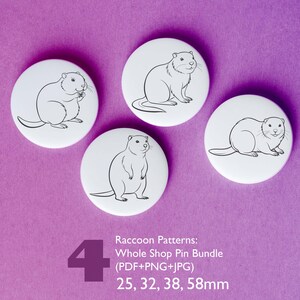 Modelli di spille da colorare a forma di procione, set da 4, 25, 32, 38, 58 mm, bomboniera fai da te per feste di bambini, design di spille a forma di procione, download digitale