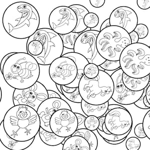 May include: A collection of black and white cartoon illustrations of various animals and sea creatures, including sharks, bees, octopuses, horses, birds, and mice, arranged in overlapping circles against a white background.