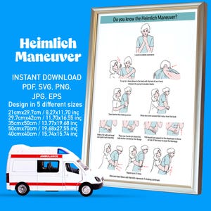 Op de afbeelding: Een afdrukbare poster met instructies over hoe je de Heimlich-manoeuvre uitvoert. De poster bevat illustraties van de stappen die betrokken zijn bij het uitvoeren van de manoeuvre. De poster is ingelijst in een gouden lijst en heeft een witte achtergrond. De poster heeft de titel "Ken je de Heimlich-manoeuvre?" en bevat de tekst "Ik heb onmiddellijke hulp nodig." De poster wordt ook vergezeld door een speelgoedambulance.