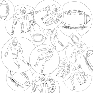 May include: A black and white coloring page featuring multiple circular frames containing line art illustrations of American football players in various game poses and detailed drawings of footballs resting on the ground.