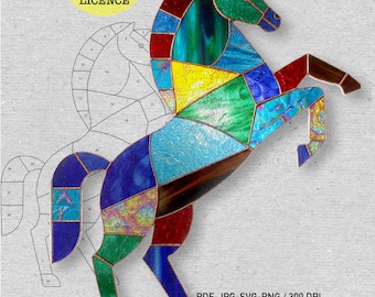 Horse Stained Glass Pattern PDF, Rearing Horse Digital Download, DIY Stained Glass Template, Colorful Horse Suncatcher Pattern, Glass Art
