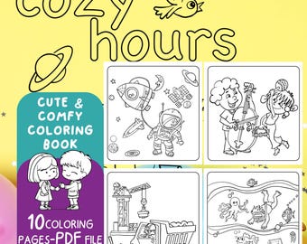 May include: A black and white coloring book with 10 pages featuring cute and comfy illustrations. The book is 9.5 inches by 9.5 inches and includes images of children playing music, an astronaut in space, a construction truck, and a mermaid in the ocean.