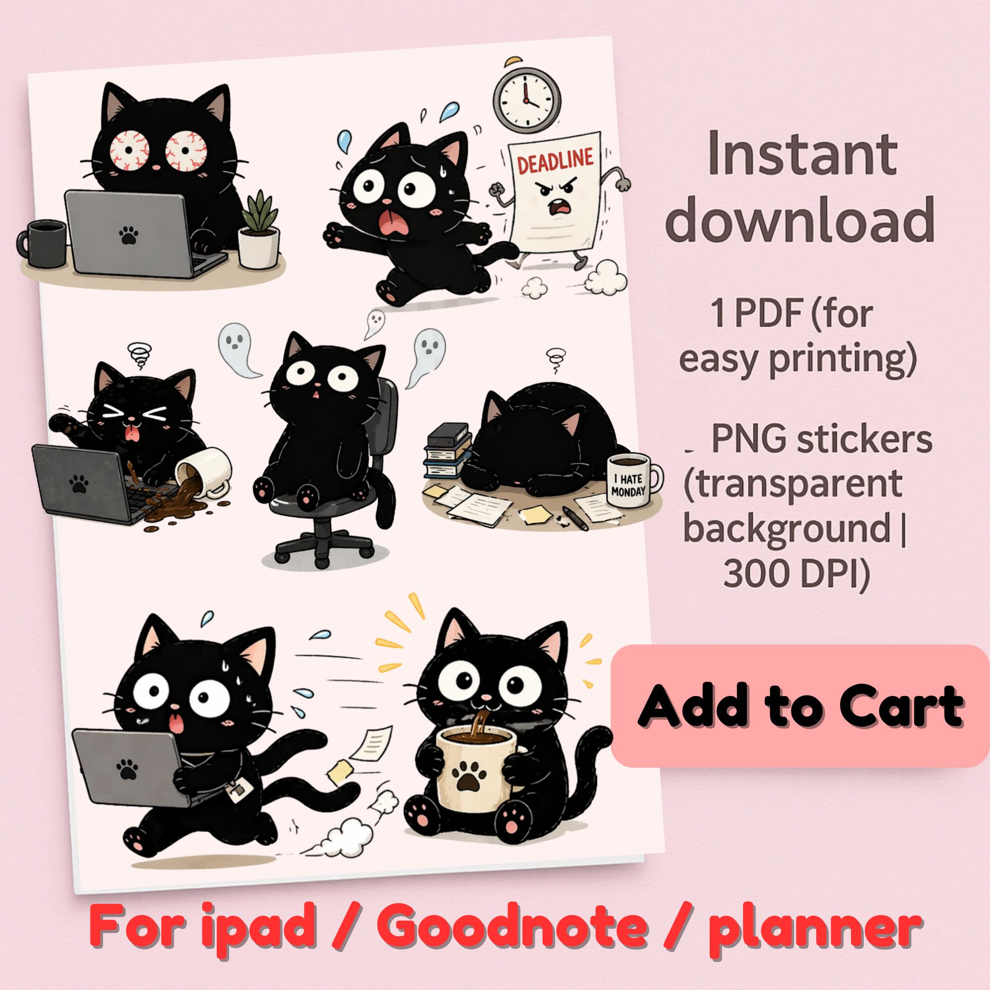 Kawaii Black Cat Work Stickers PNG Cute Funny Office Cat Clipart Monday ...