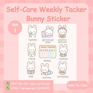 Self-Care Bunny Sticker Bundle ,Cute Pastel Weekly Tracker Stickers ,Kawaii Rabbit Wellness Planner PNG ,Motivation sticker Instant Download