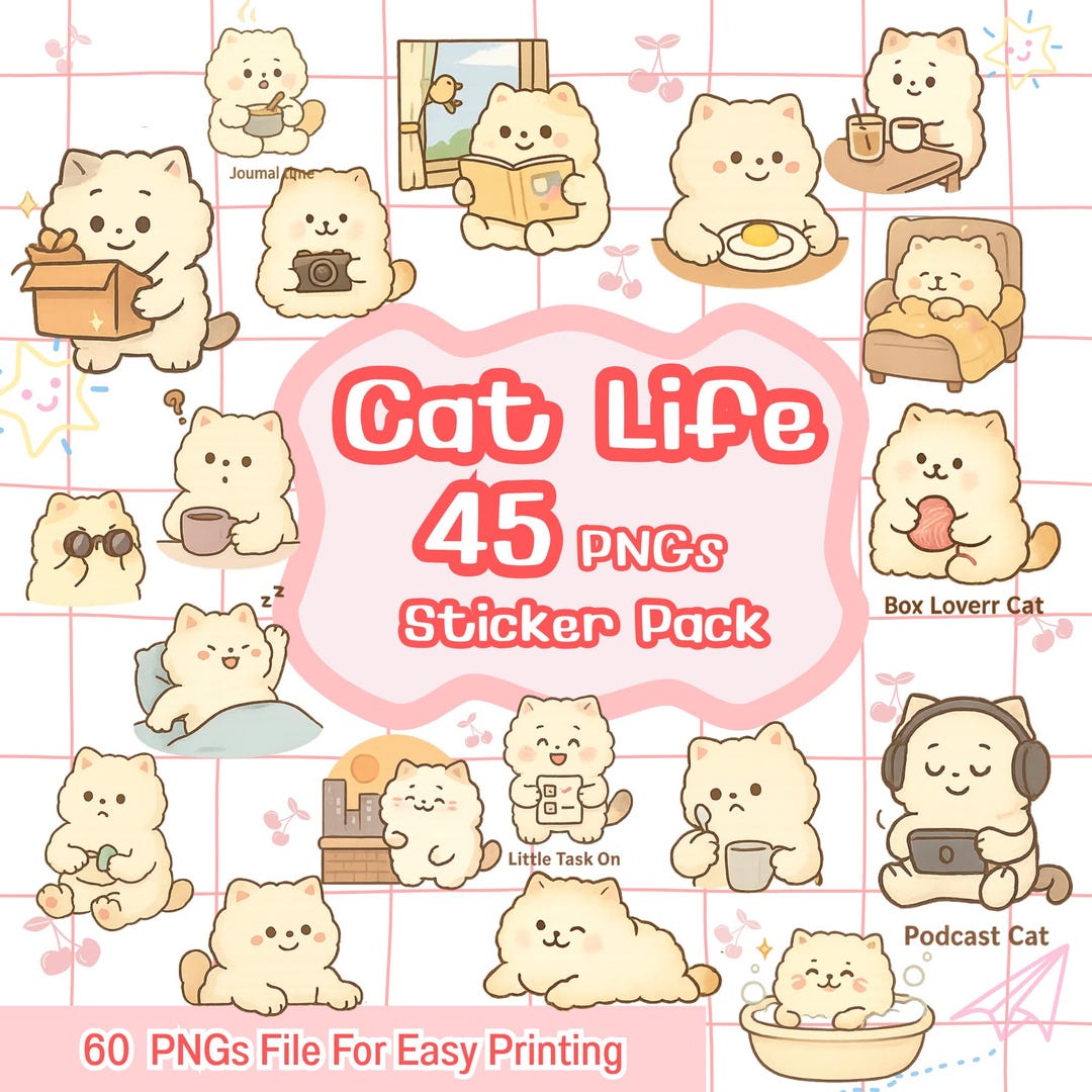 Cat Life Sticker Pack Digital PNG Bundle for Planner Journal Scrapbook ...