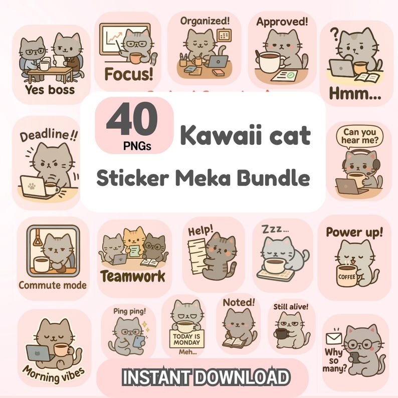 Office Cat Sticker Bundle | Productivity Planner PNG | Study Digital ...