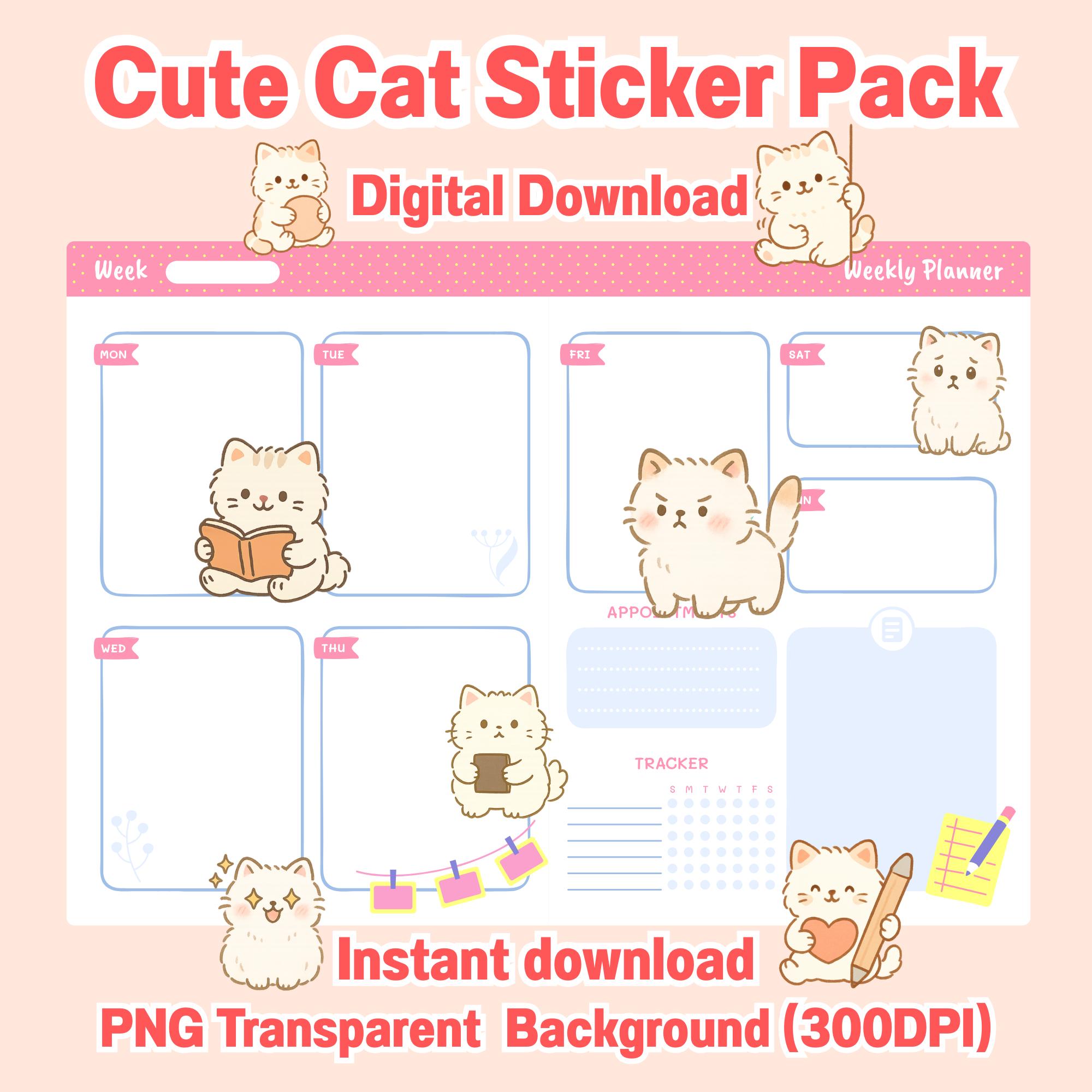 Cat Sticker Pack Kawaii PNG Bundle Digital Download Kawaii Animal ...