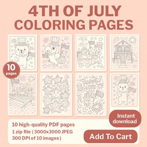 4th of July Coloring Pages for Kids - Patriotic Independence Day Printable Activity - Cute Animal and Fireworks USA Theme - Coloring Sheets