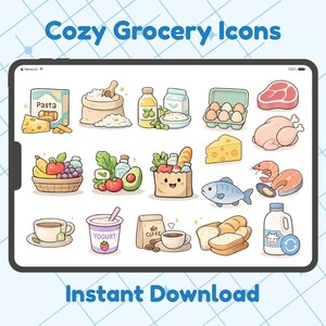 Cozy Grocery icon sticker bundle featuring cute grocery shopping essentials including shopping cart, grocery bag, milk, eggs, bread, cheese, vegetables, fruits, meat and shopping list. Digital download with 60 transparent PNG stickers for Goodnotes, iPad planner, digital journal, printable planner and scrapbooking.