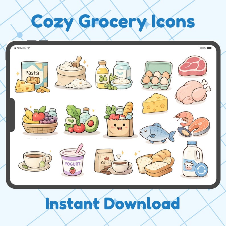 Cozy Grocery icon sticker bundle featuring cute grocery shopping essentials including shopping cart, grocery bag, milk, eggs, bread, cheese, vegetables, fruits, meat and shopping list. Digital download with 60 transparent PNG stickers for Goodnotes, iPad planner, digital journal, printable planner and scrapbooking.