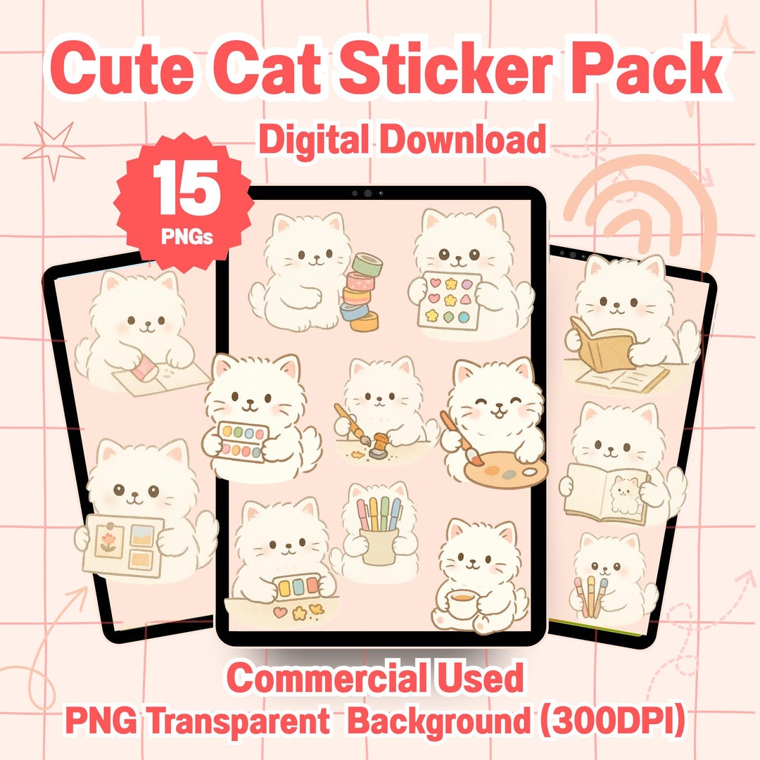 Smartcat Canva Sticker Cat Craft Sticker Pack Digital Planner Art Supplies Printable PNG Set ...