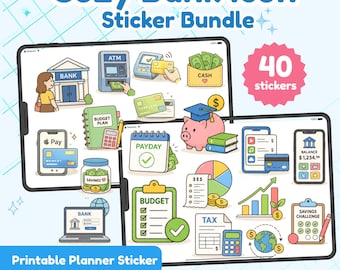 Puede incluir: Un paquete de pegatinas digitales titulado Cozy Bank Icon Sticker Bundle que muestra 40 pegatinas en dos tabletas. Las pegatinas incluyen ilustraciones de bancos, cajeros automáticos, tarjetas de crédito, efectivo, huchas, planificadores y gráficos.