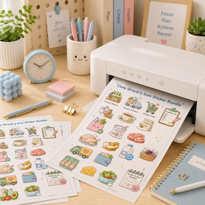 Cozy Grocery icon sticker bundle featuring cute grocery shopping essentials including shopping cart, grocery bag, milk, eggs, bread, cheese, vegetables, fruits, meat and shopping list. Digital download with 60 transparent PNG stickers for Goodnotes, iPad planner, digital journal, printable planner and scrapbooking.