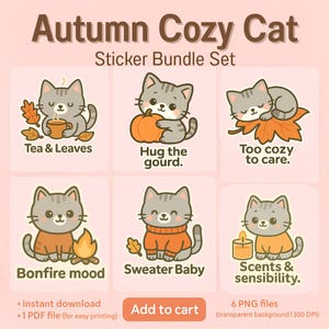 Autumn Cozy Cat Sticker Bundle PNG ,Cute Fall Cat Clipart ,Kawaii Autumn Cat Stickers for Laptop ,Goodnotes ,Mental Health ,Instant Download