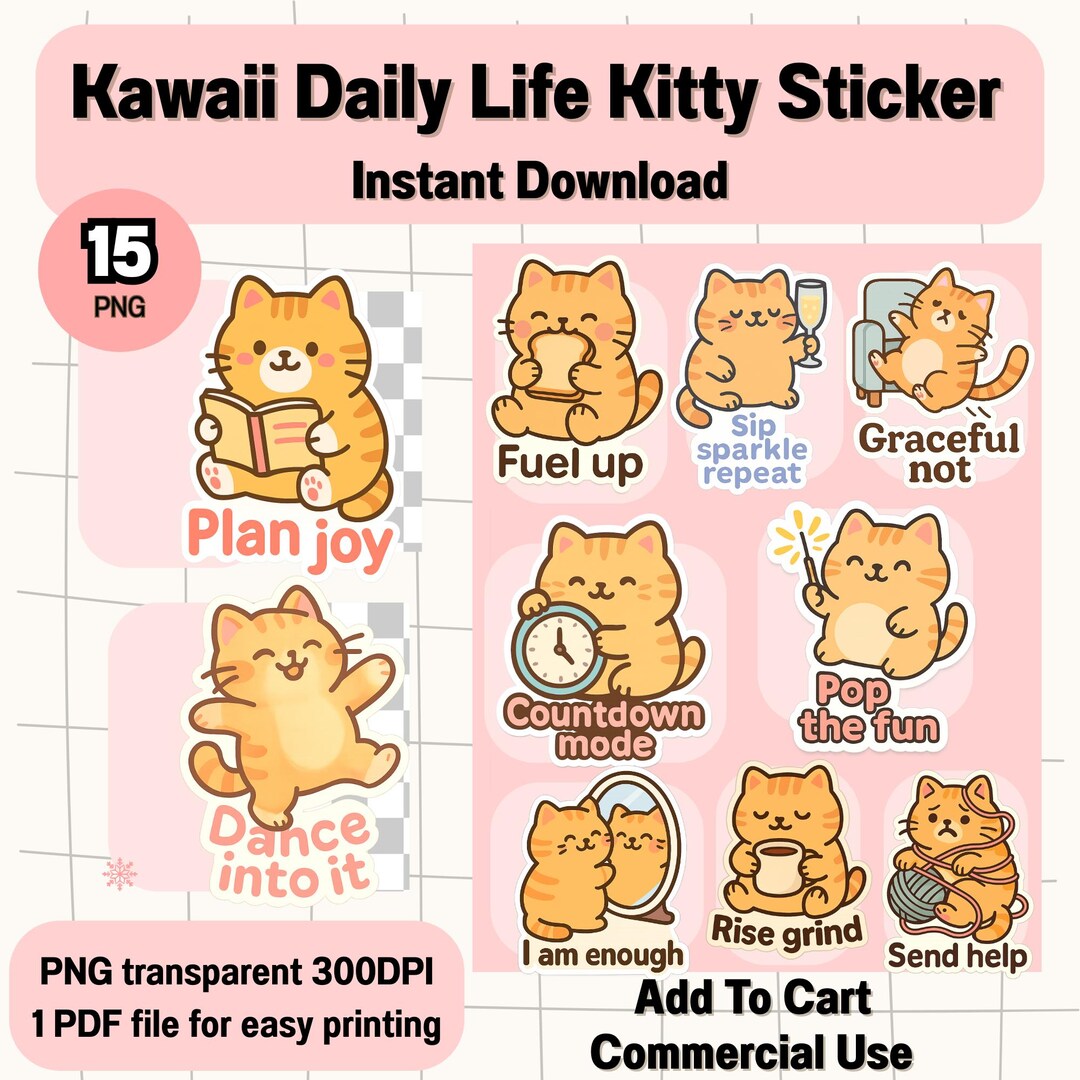 Kawaii Daily Life Cat Sticker Pack | Cute Kitty Planner Stickers ...