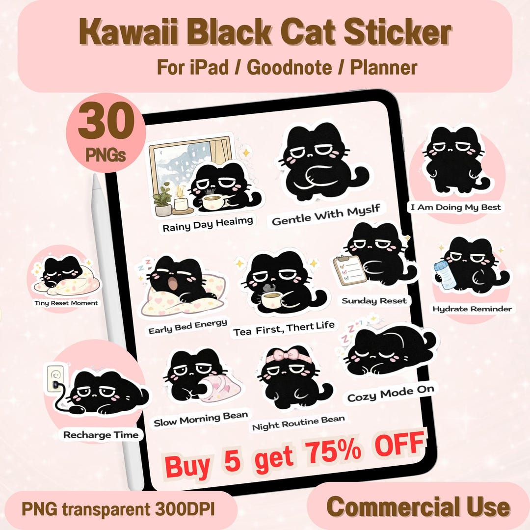 Black Cat Self Care Stickers PNG Bundle | Digital Planner Graphics ...