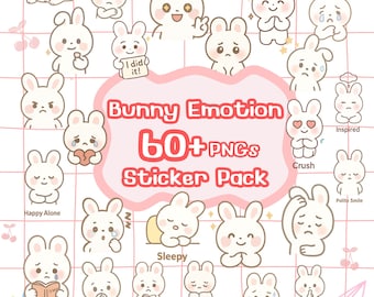 May include: A collection of white bunny illustrations with various emotions, such as happy, sad, and sleepy. The text "Bunny Emotion 60+ PNGs Sticker Pack" is displayed on a pink background. The phrase "60+ PNGs File For Easy Printing" is also included.