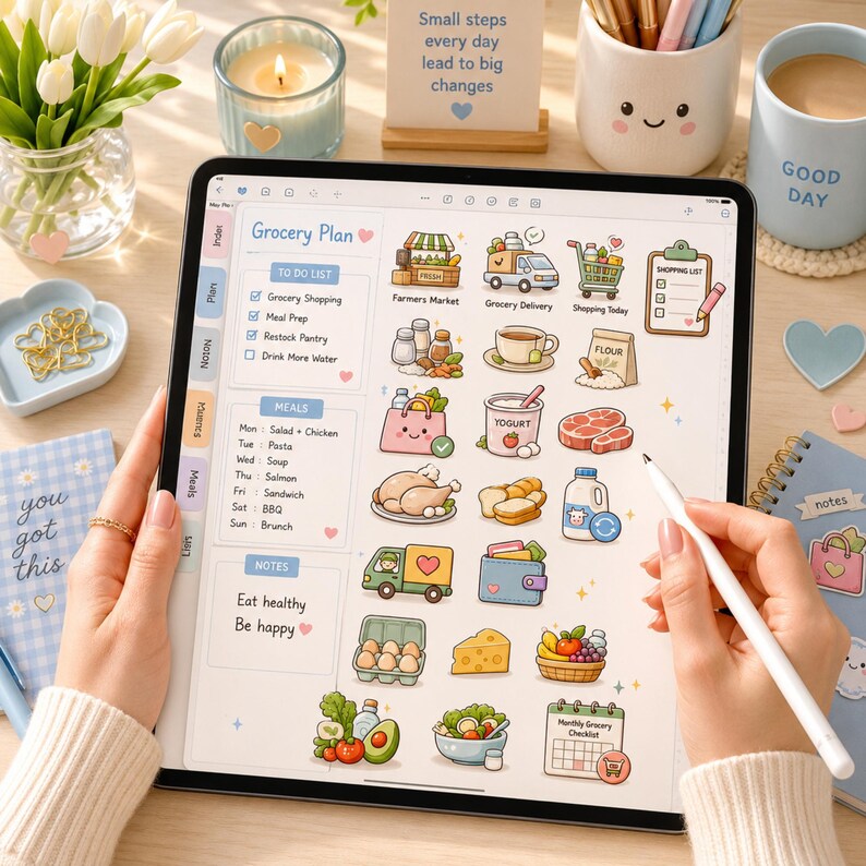 Cozy Grocery icon sticker bundle featuring cute grocery shopping essentials including shopping cart, grocery bag, milk, eggs, bread, cheese, vegetables, fruits, meat and shopping list. Digital download with 60 transparent PNG stickers for Goodnotes, iPad planner, digital journal, printable planner and scrapbooking.