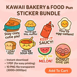 Kawaii Bakery & Food Pun Sticker Bundle – Cute Printable PNG Digital Stickers – Funny Pastel Quotes for Journaling, Instant Download