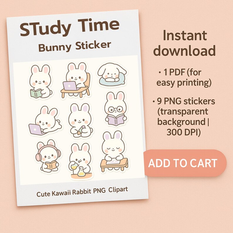 Pastel Study Stickers Pastel Study Bunny Stickers β Kawaii School Clipart PNG + PDF (digital ...