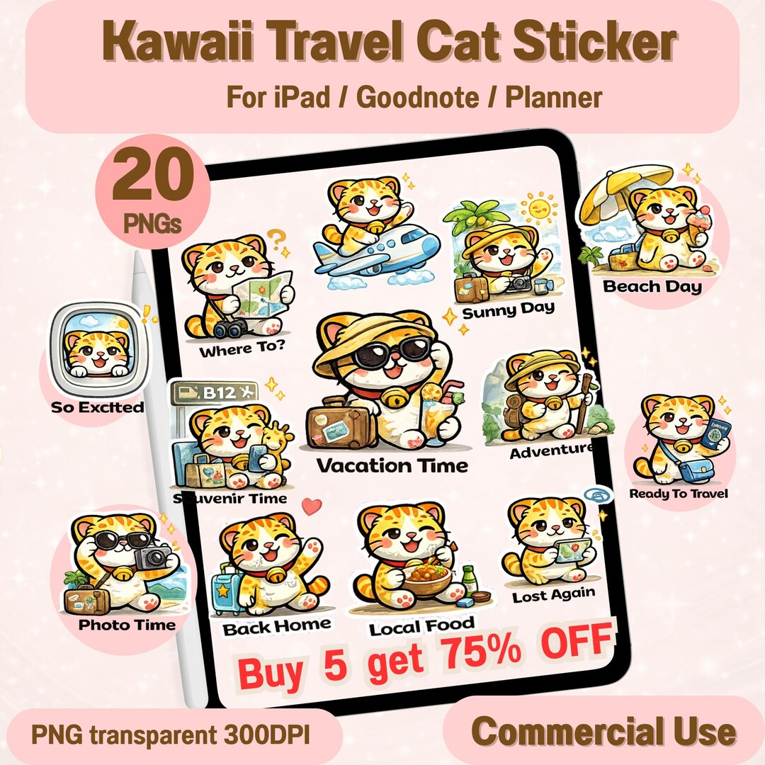 Kawaii Travel Cat Stickers PNG Bundle 20 Cute Orange Tabby Cat Vacation ...