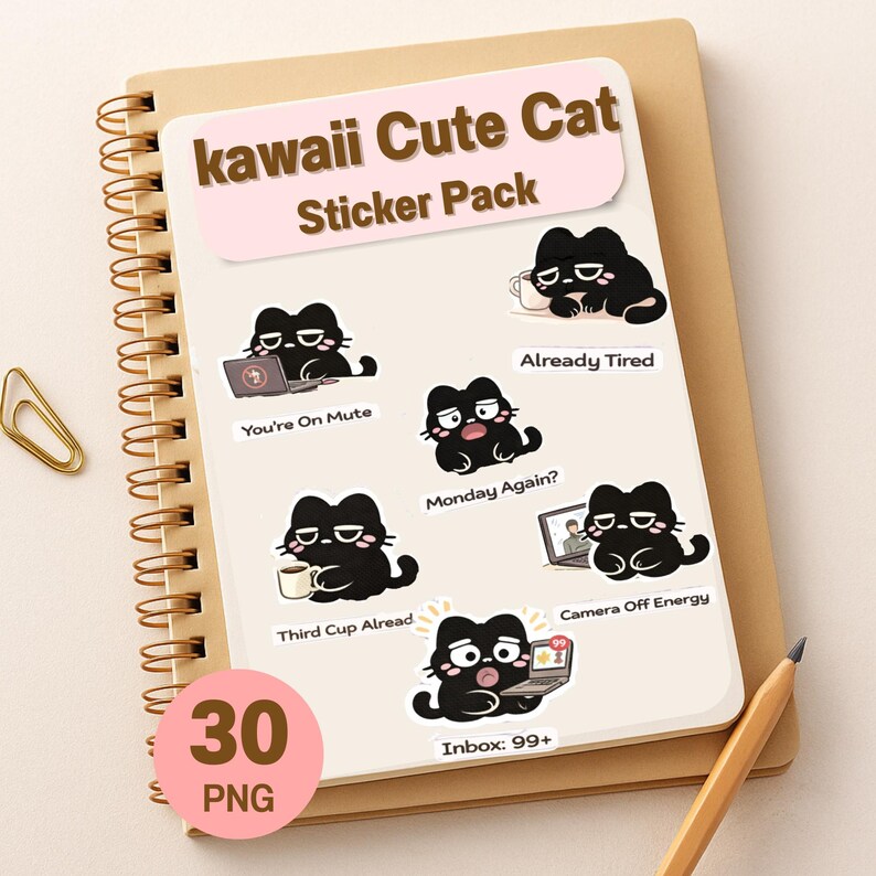Black Cat Work Stickers PNG Bundle | Office Digital Planner Graphics ...