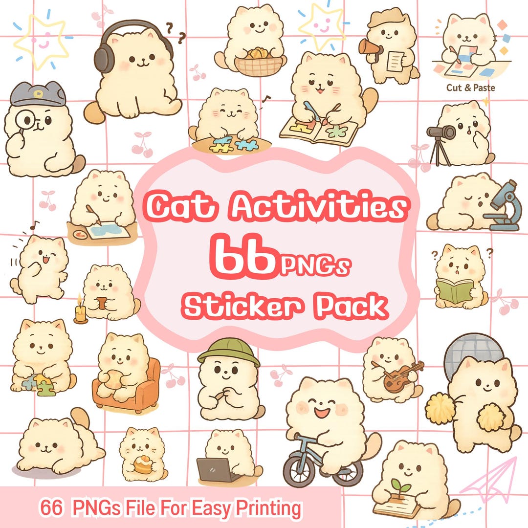 Active Cat Sticker Cat Activities Sticker Pack Digital PNG Bundle for Planner Journal ...
