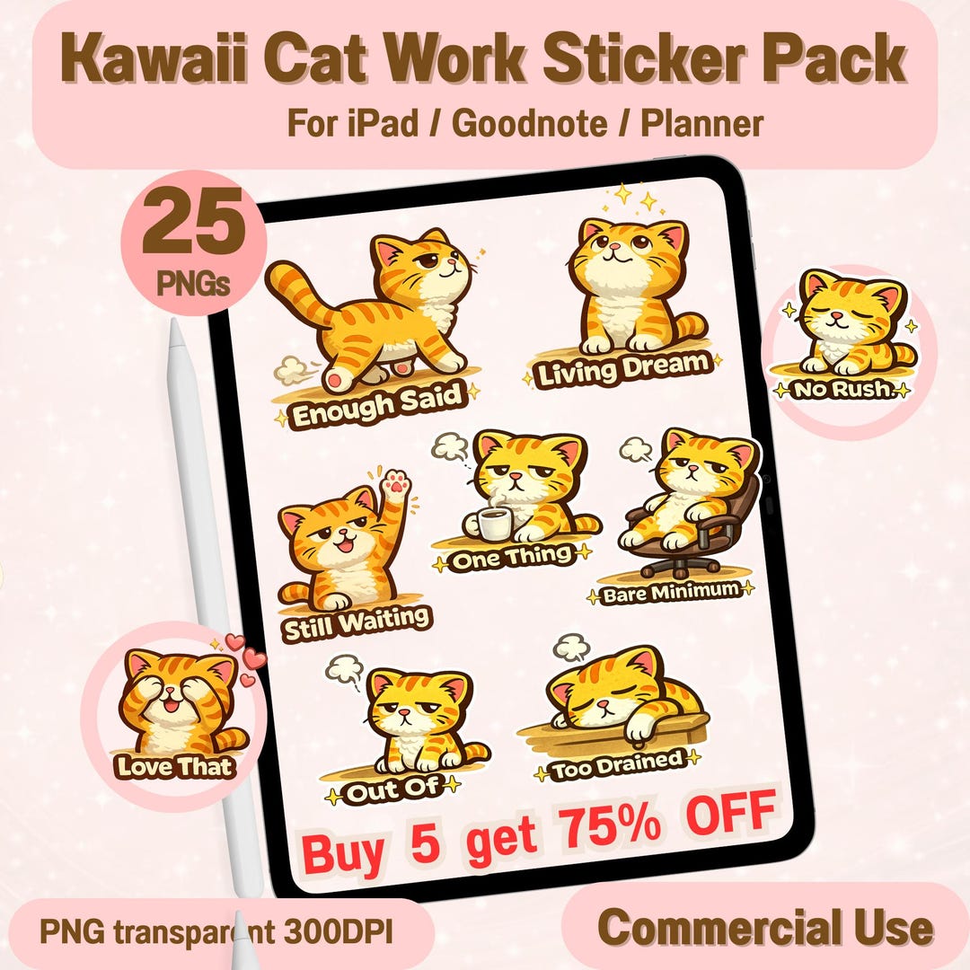 Kawaii Cat Work Mood Stickers for iPad Goodnotes Planner Digital PNG ...
