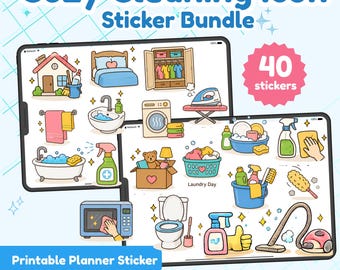 May include: A digital sticker bundle featuring 40 colorful illustrations of household cleaning tasks and items, including a house, bed, wardrobe, sink, iron, washing machine, bathtub, laundry basket, microwave, toilet, vacuum, and various cleaning supplies.