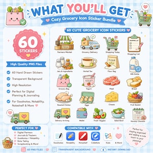 Cozy Grocery icon sticker bundle featuring cute grocery shopping essentials including shopping cart, grocery bag, milk, eggs, bread, cheese, vegetables, fruits, meat and shopping list. Digital download with 60 transparent PNG stickers for Goodnotes, iPad planner, digital journal, printable planner and scrapbooking.