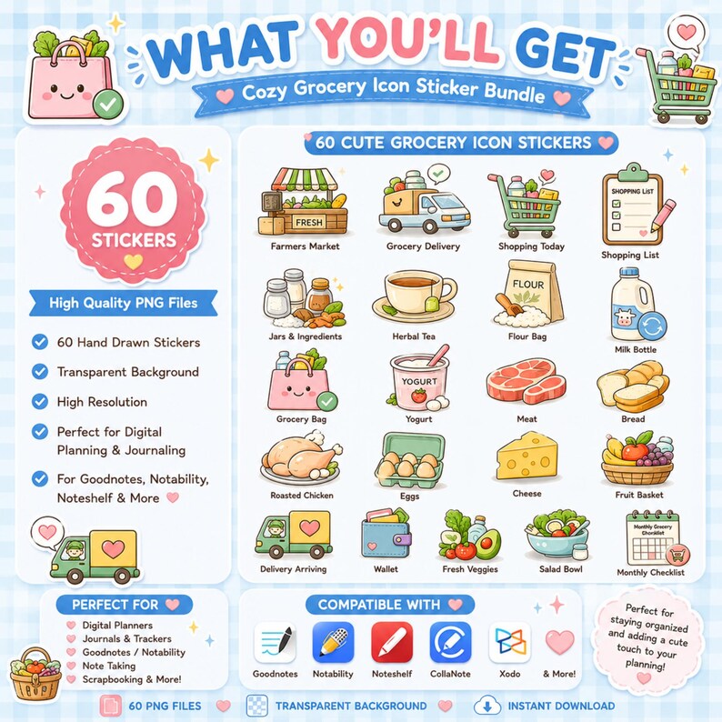 Cozy Grocery icon sticker bundle featuring cute grocery shopping essentials including shopping cart, grocery bag, milk, eggs, bread, cheese, vegetables, fruits, meat and shopping list. Digital download with 60 transparent PNG stickers for Goodnotes, iPad planner, digital journal, printable planner and scrapbooking.