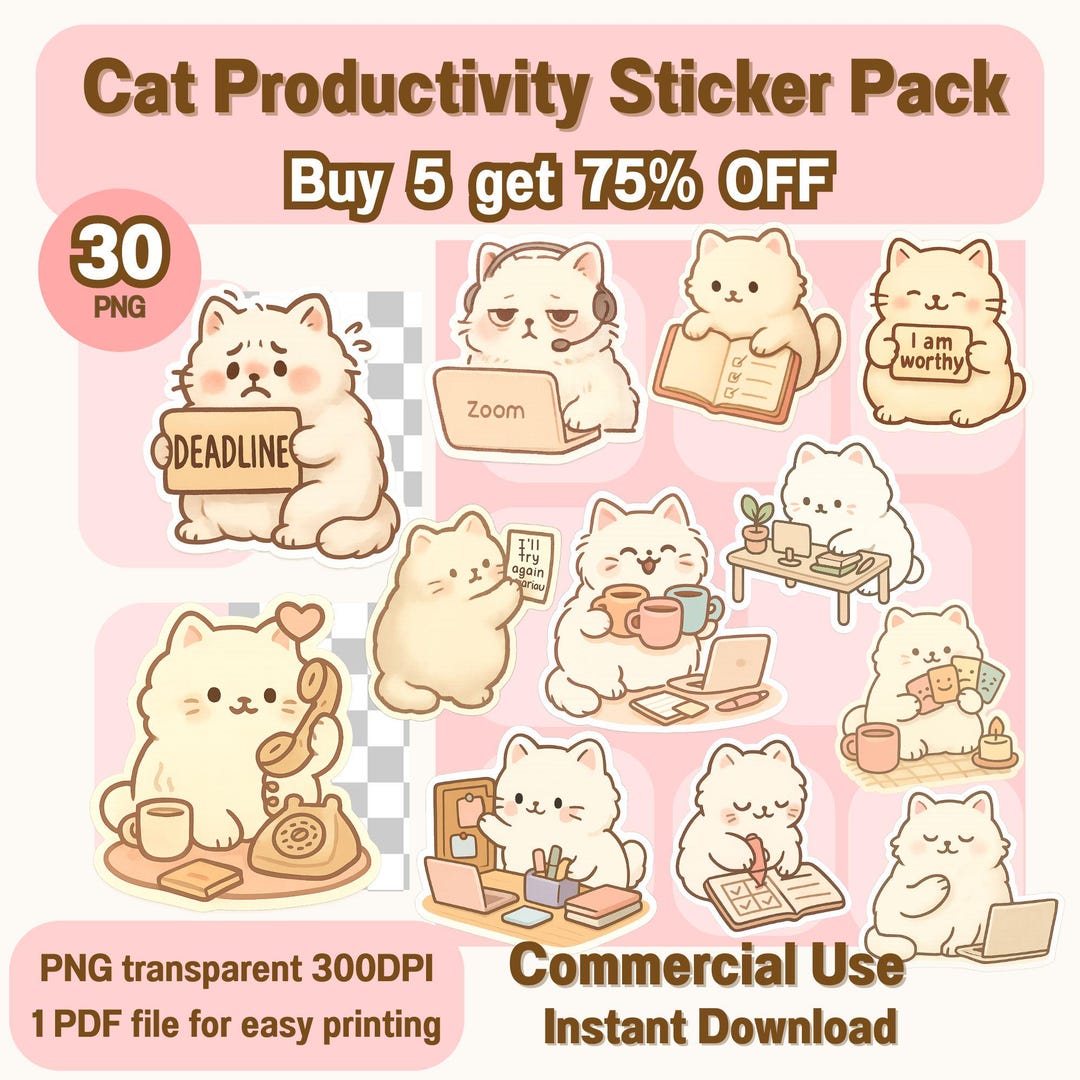 Kawaii Cat Productivity Sticker Pack PNG Digital Download Work ...