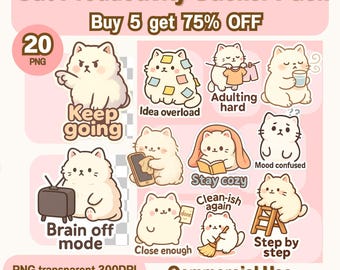 May include: A sticker pack featuring 10 cartoon cat illustrations with various expressions and activities. The stickers include phrases like "Keep going," "Idea overload," and "Brain off mode." The pack is labeled "Cat Productivity Sticker Pack."
