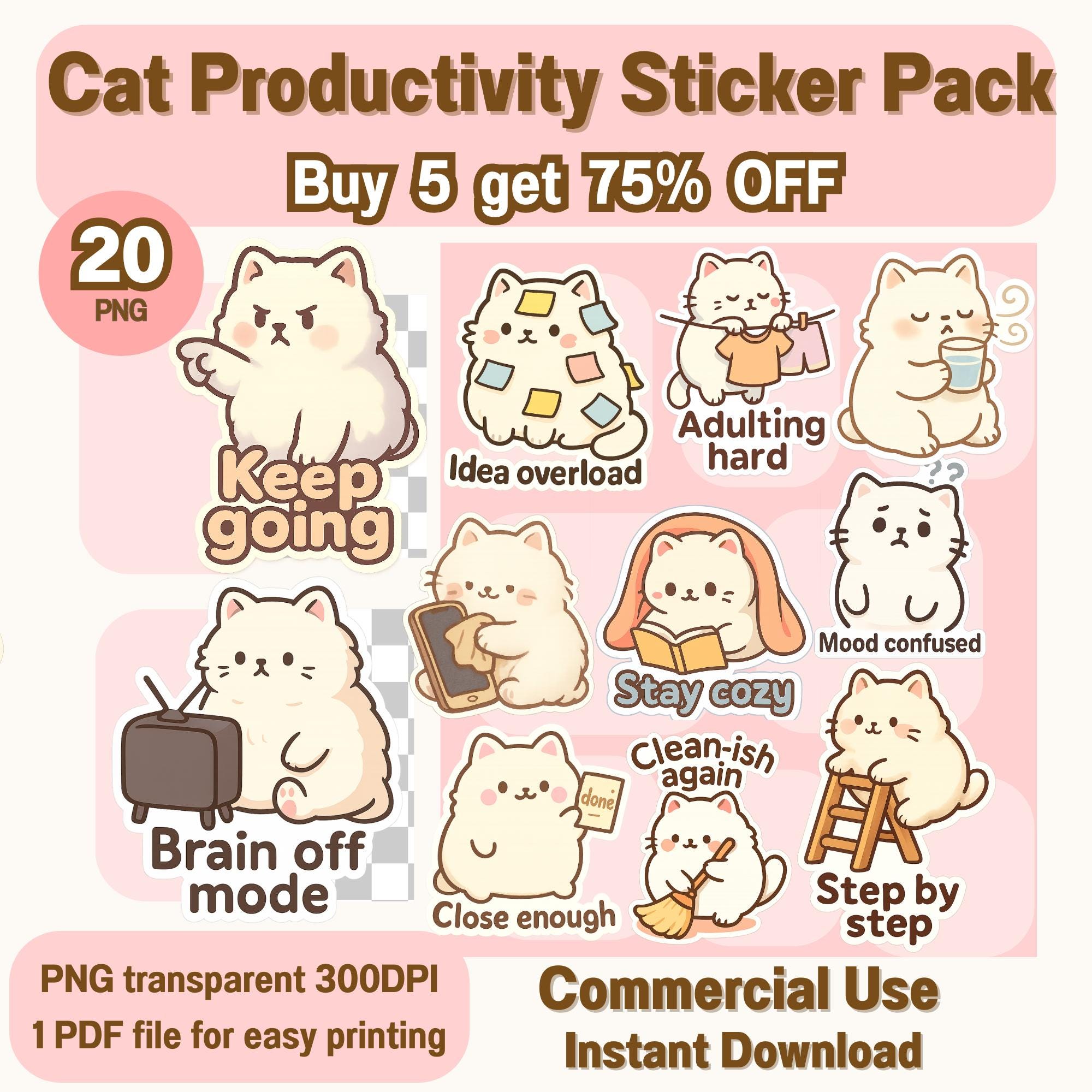 Kawaii Cat Productivity Sticker Pack Work Mood Digital Download Cat ...