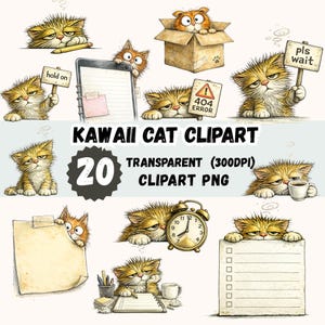 May include: A set of 20 Kawaii cat clipart images. The illustrations depict various cats with different expressions, interacting with objects such as a sign saying "hold on", a sign saying "pls wait", a coffee cup, and a clock.
