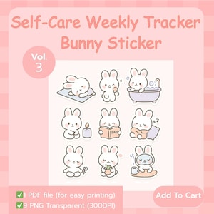 Self-Care Bunny Sticker Bundle Vol.3 ,Kawaii Pastel Cozy Wellness Stickers ,Sleep Relax Journal PNG Set ,Motivation Sticker Instant Download
