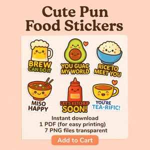 Cute Pun Food Sticker Bundle – Funny Kawaii Printable PNG Stickers – Digital Download for Journaling, Scrapbooking, Planners & Crafts