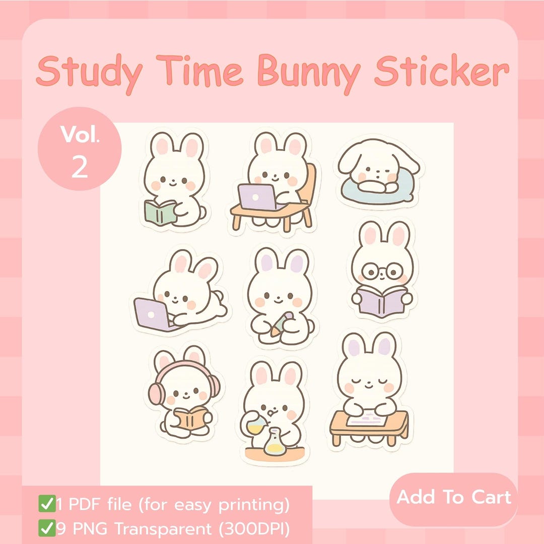 Pastel Study Stickers Pastel Study Bunny Stickers β Kawaii School Clipart PNG + PDF (digital ...
