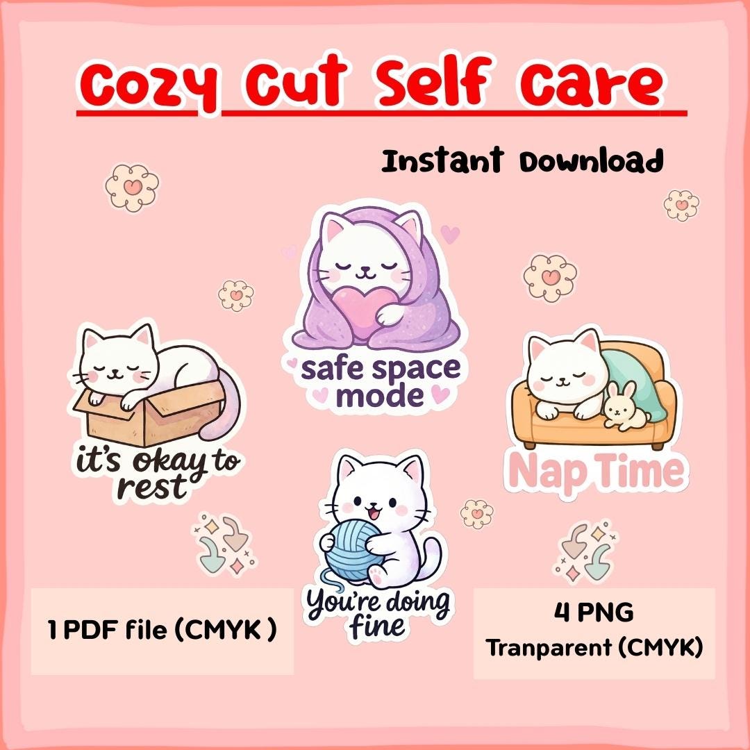 Kawaii Cat Self-care Stickers – Mental Health PNG Clipart Set (digital ...