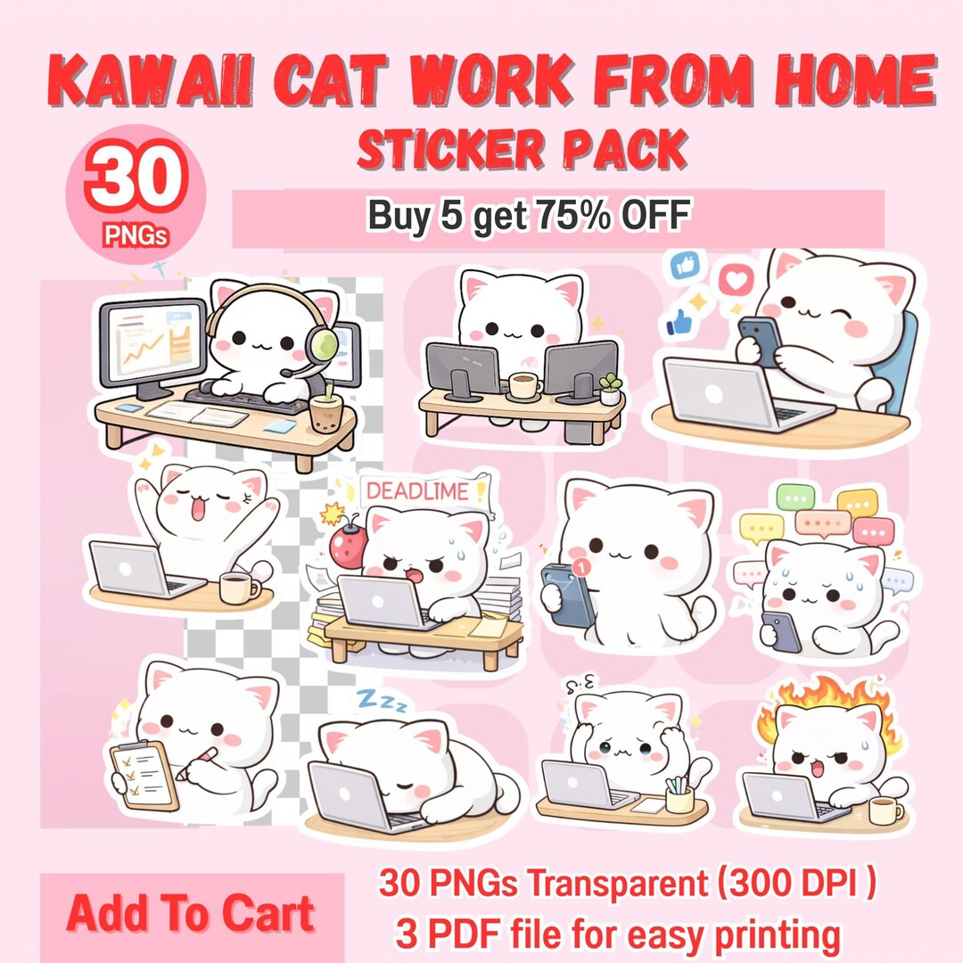 Work From Home Cat Stickers PNG | Remote Work Planner Sticker for ...